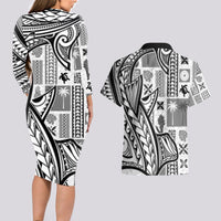 Samoa Tapa Couples Matching Long Sleeve Bodycon Dress and Hawaiian Shirt Siapo Mix Tatau Patterns - White LT7 - Wonder Print Shop