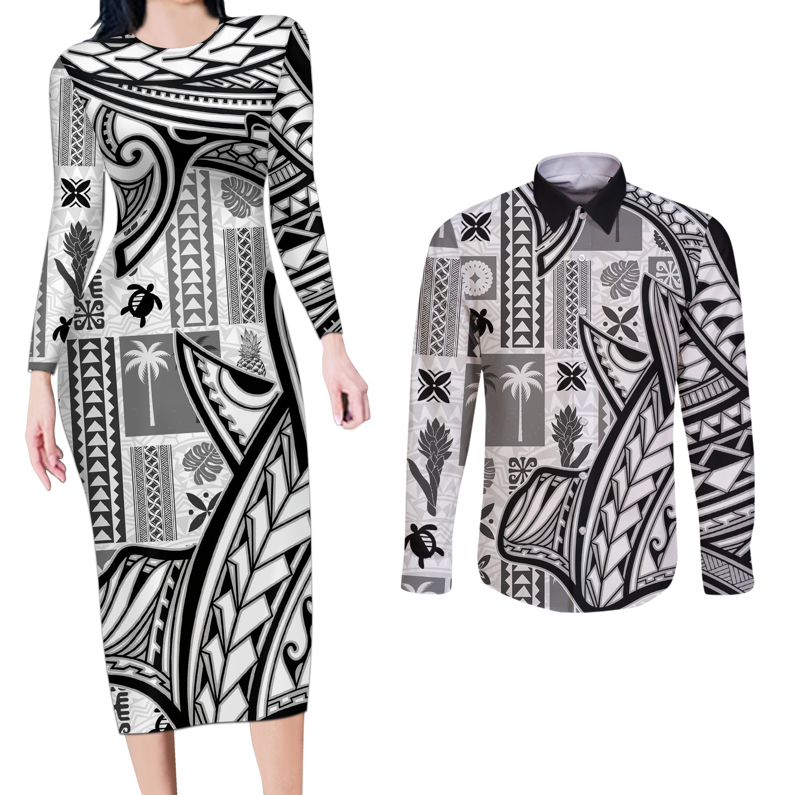 Samoa Tapa Couples Matching Long Sleeve Bodycon Dress and Long Sleeve Button Shirt Siapo Mix Tatau Patterns - White LT7 - Wonder Print Shop