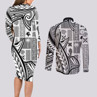 Samoa Tapa Couples Matching Long Sleeve Bodycon Dress and Long Sleeve Button Shirt Siapo Mix Tatau Patterns - White LT7 - Wonder Print Shop