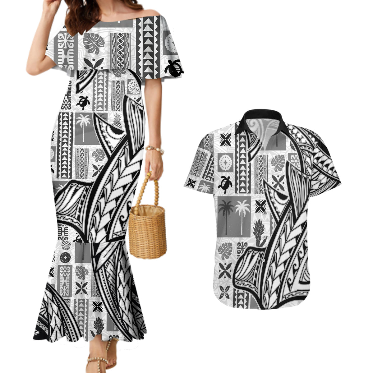 Samoa Tapa Couples Matching Mermaid Dress and Hawaiian Shirt Siapo Mix Tatau Patterns - White LT7 - Wonder Print Shop