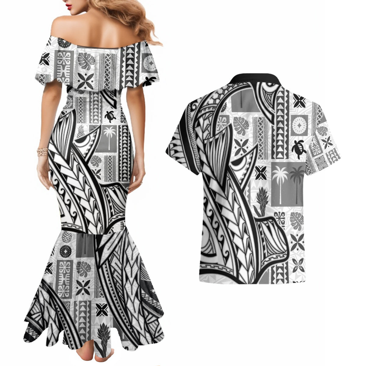Samoa Tapa Couples Matching Mermaid Dress and Hawaiian Shirt Siapo Mix Tatau Patterns - White LT7 - Wonder Print Shop