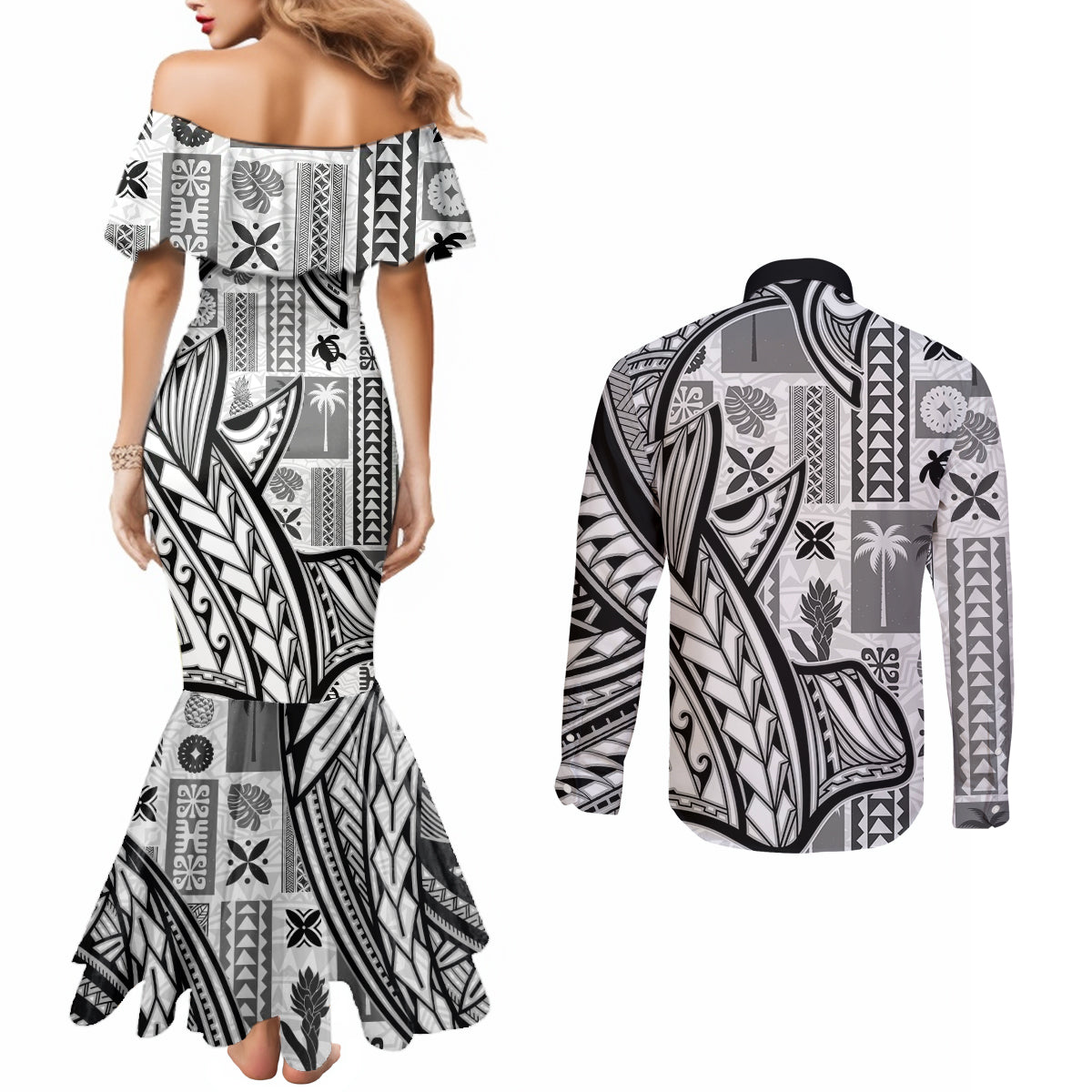 samoa-tapa-couples-matching-mermaid-dress-and-long-sleeve-button-shirt-siapo-mix-tatau-patterns-white