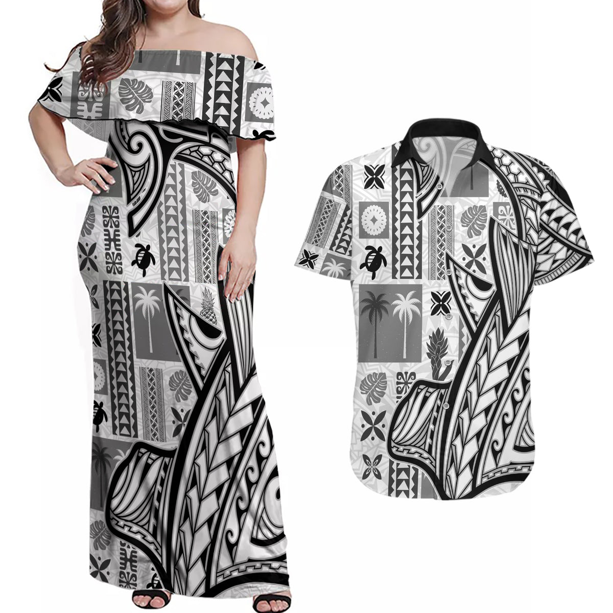 Samoa Tapa Couples Matching Off Shoulder Maxi Dress and Hawaiian Shirt Siapo Mix Tatau Patterns - White LT7 - Wonder Print Shop