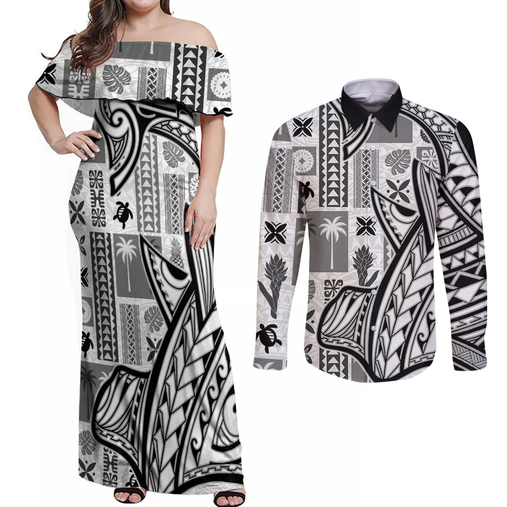 Samoa Tapa Couples Matching Off Shoulder Maxi Dress and Long Sleeve Button Shirt Siapo Mix Tatau Patterns - White LT7 - Wonder Print Shop