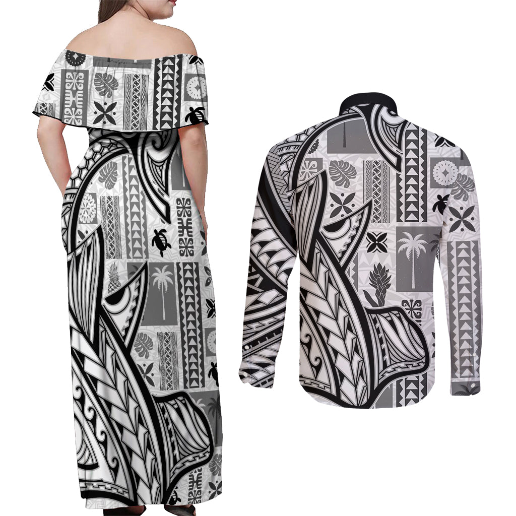 Samoa Tapa Couples Matching Off Shoulder Maxi Dress and Long Sleeve Button Shirt Siapo Mix Tatau Patterns - White LT7 - Wonder Print Shop