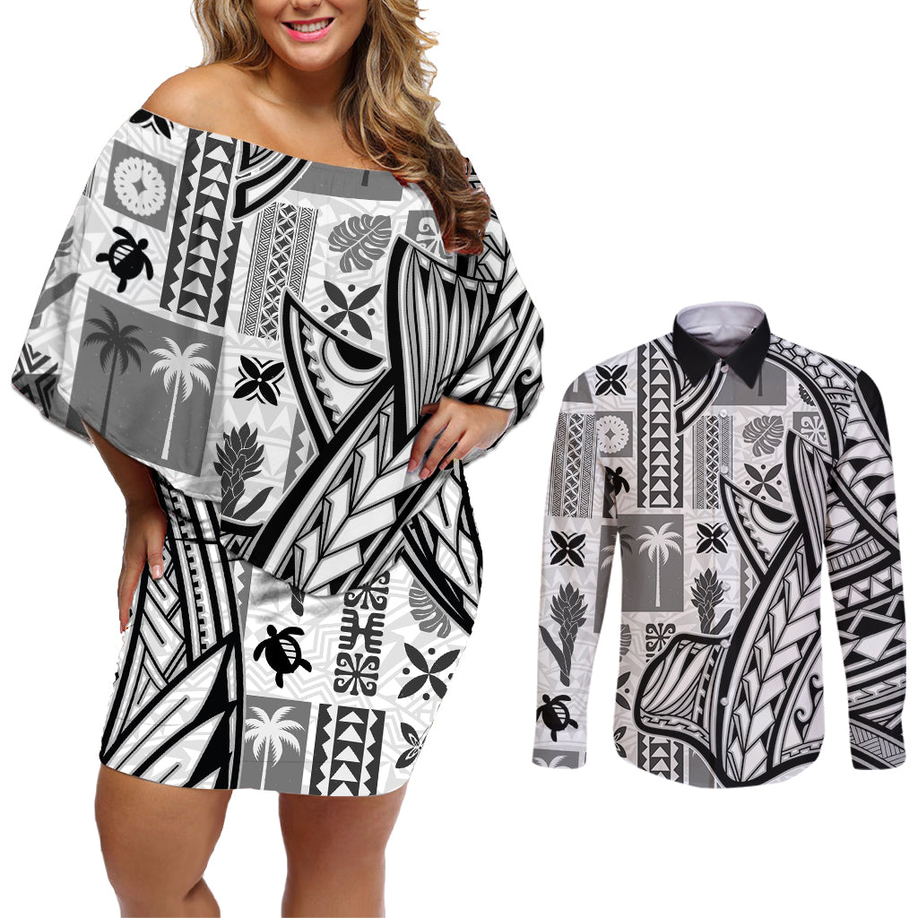 Samoa Tapa Couples Matching Off Shoulder Short Dress and Long Sleeve Button Shirt Siapo Mix Tatau Patterns - White LT7 - Wonder Print Shop
