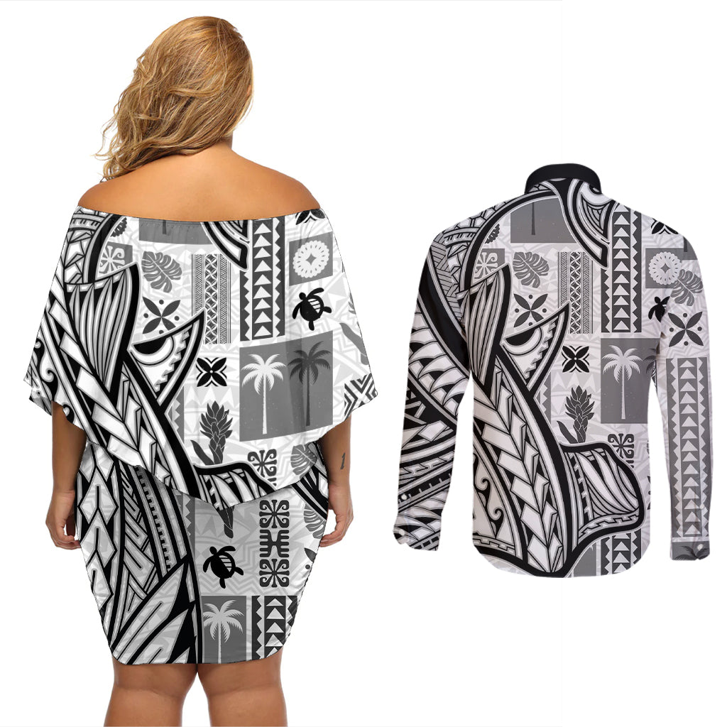Samoa Tapa Couples Matching Off Shoulder Short Dress and Long Sleeve Button Shirt Siapo Mix Tatau Patterns - White LT7 - Wonder Print Shop