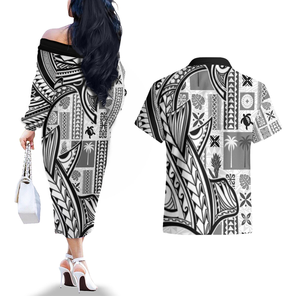 Samoa Tapa Couples Matching Off The Shoulder Long Sleeve Dress and Hawaiian Shirt Siapo Mix Tatau Patterns - White LT7 - Wonder Print Shop