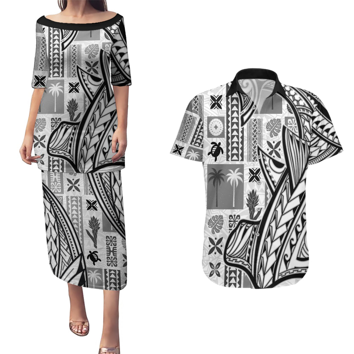 Samoa Tapa Couples Matching Puletasi Dress and Hawaiian Shirt Siapo Mix Tatau Patterns - White LT7 - Wonder Print Shop