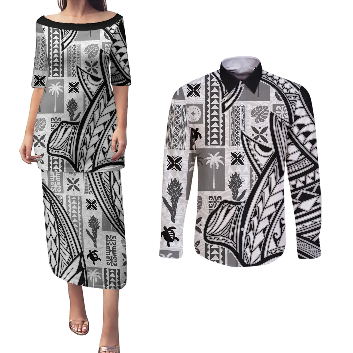 Samoa Tapa Couples Matching Puletasi Dress and Long Sleeve Button Shirt Siapo Mix Tatau Patterns - White LT7 - Wonder Print Shop
