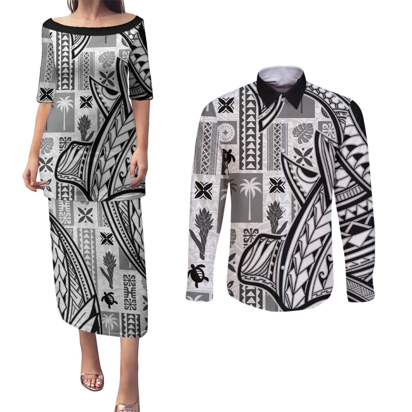 Samoa Tapa Couples Matching Puletasi Dress and Long Sleeve Button Shirt Siapo Mix Tatau Patterns - White LT7 - Wonder Print Shop