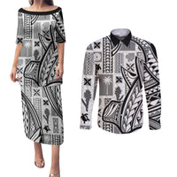 Samoa Tapa Couples Matching Puletasi Dress and Long Sleeve Button Shirt Siapo Mix Tatau Patterns - White LT7 - Wonder Print Shop