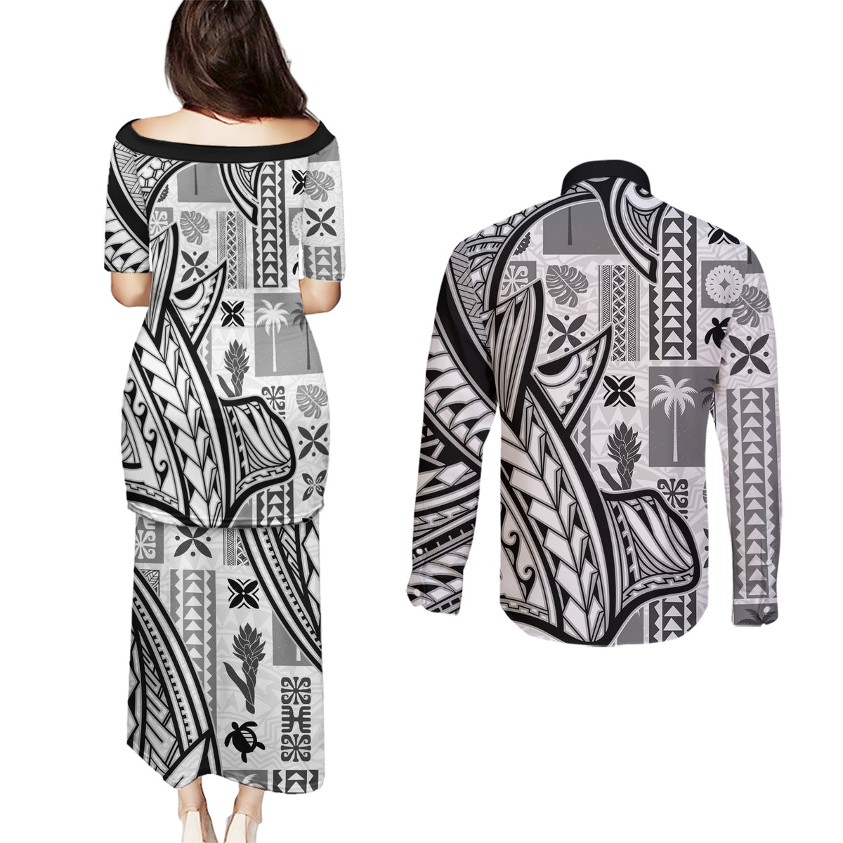 Samoa Tapa Couples Matching Puletasi Dress and Long Sleeve Button Shirt Siapo Mix Tatau Patterns - White LT7 - Wonder Print Shop