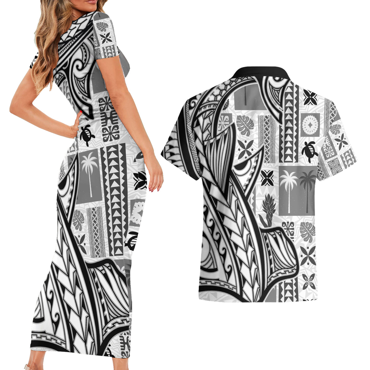 Samoa Tapa Couples Matching Short Sleeve Bodycon Dress and Hawaiian Shirt Siapo Mix Tatau Patterns - White LT7 - Wonder Print Shop