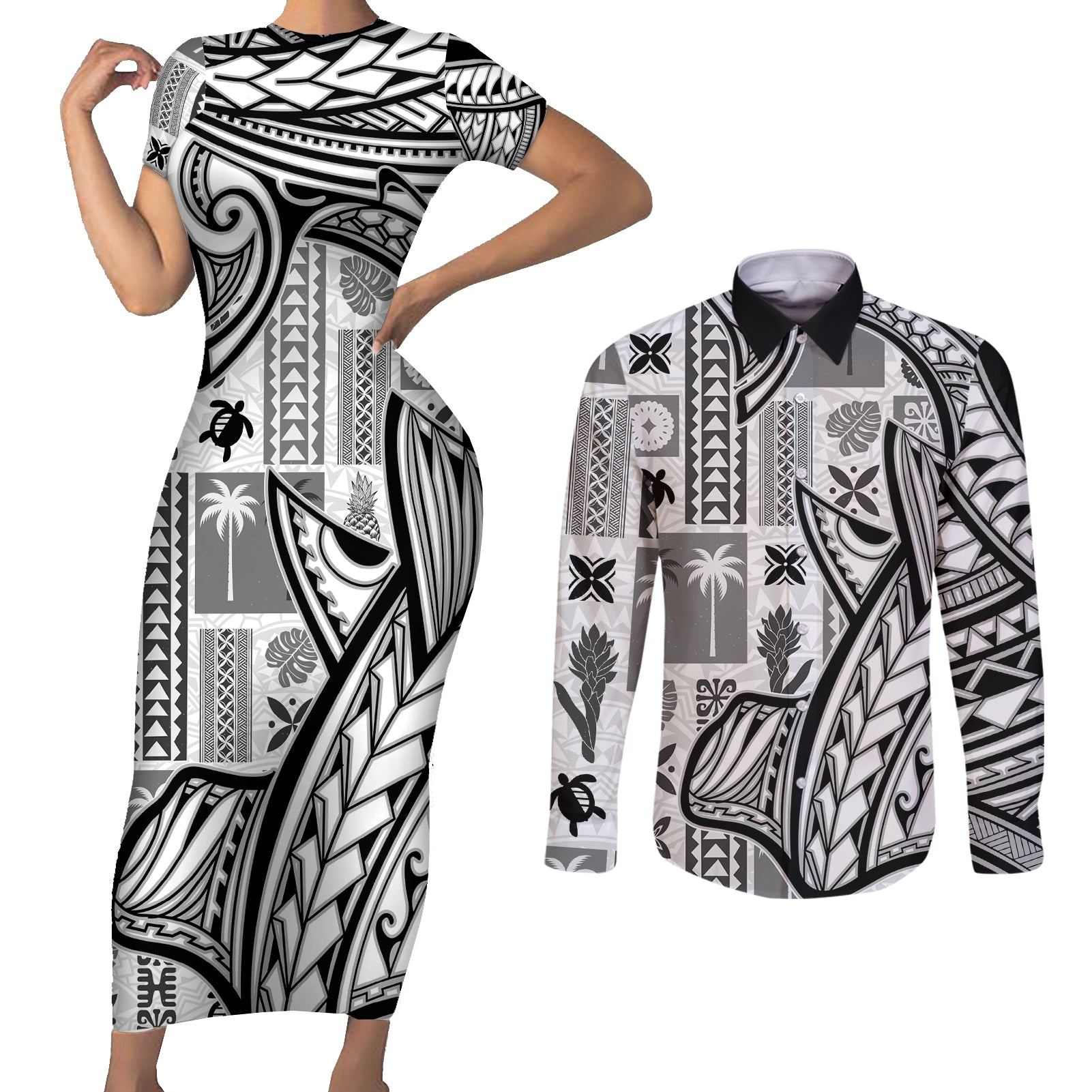 Samoa Tapa Couples Matching Short Sleeve Bodycon Dress and Long Sleeve Button Shirt Siapo Mix Tatau Patterns - White LT7 - Wonder Print Shop