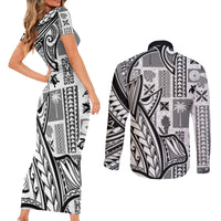 Samoa Tapa Couples Matching Short Sleeve Bodycon Dress and Long Sleeve Button Shirt Siapo Mix Tatau Patterns - White LT7 - Wonder Print Shop