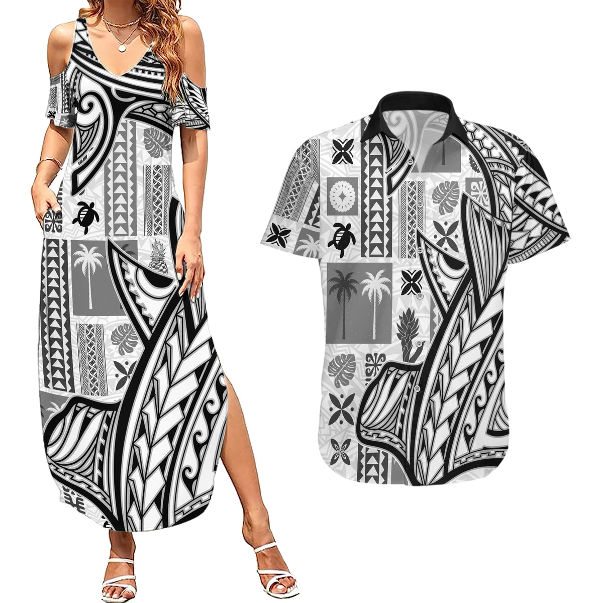 Samoa Tapa Couples Matching Summer Maxi Dress and Hawaiian Shirt Siapo Mix Tatau Patterns - White LT7 - Wonder Print Shop