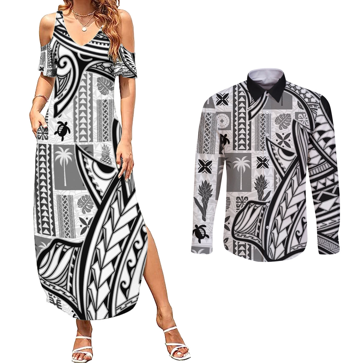 Samoa Tapa Couples Matching Summer Maxi Dress and Long Sleeve Button Shirt Siapo Mix Tatau Patterns - White LT7 - Wonder Print Shop