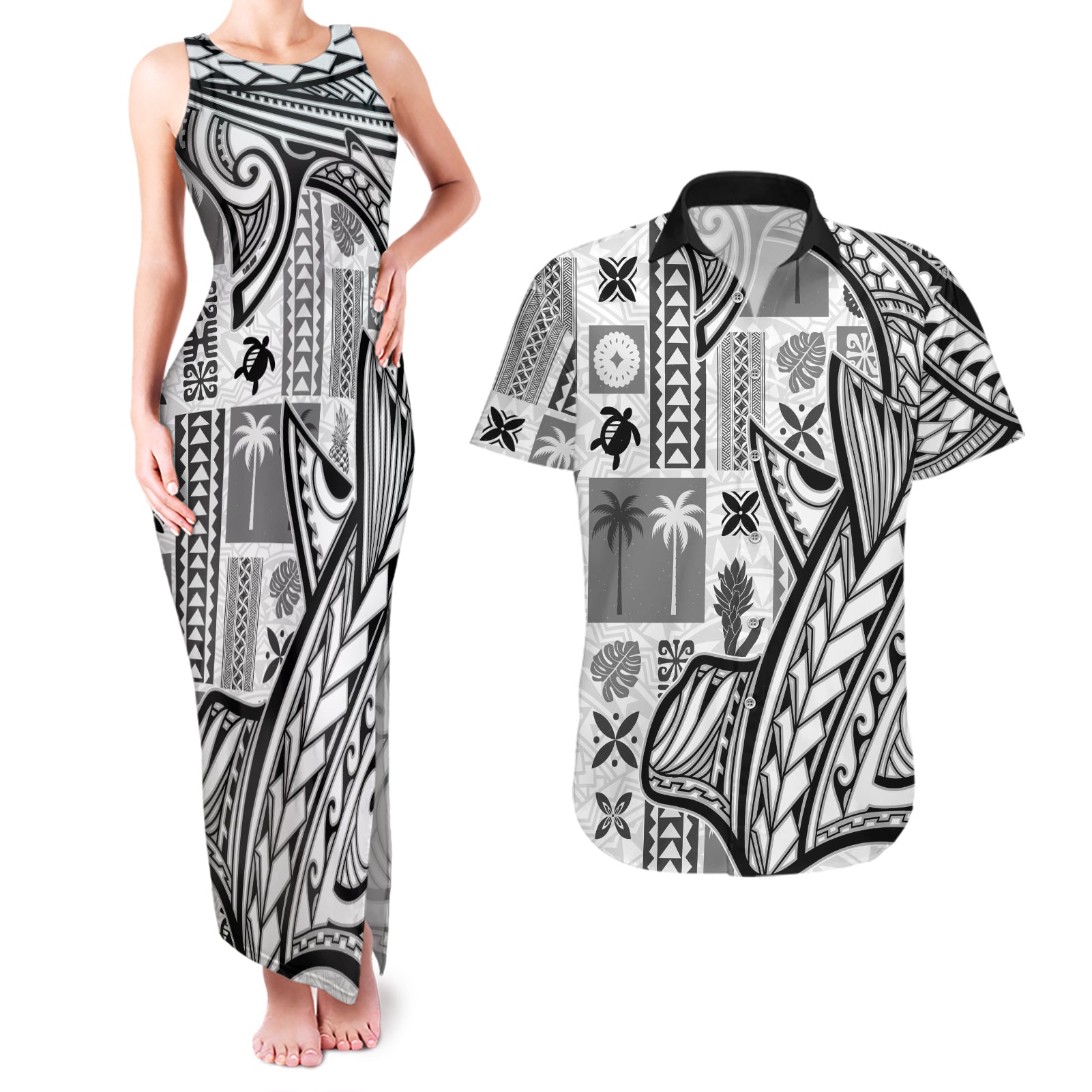 Samoa Tapa Couples Matching Tank Maxi Dress and Hawaiian Shirt Siapo Mix Tatau Patterns - White LT7 - Wonder Print Shop