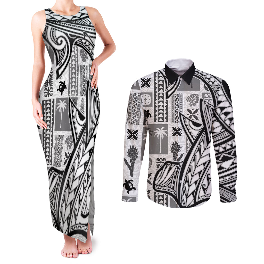 Samoa Tapa Couples Matching Tank Maxi Dress and Long Sleeve Button Shirt Siapo Mix Tatau Patterns - White LT7 - Wonder Print Shop