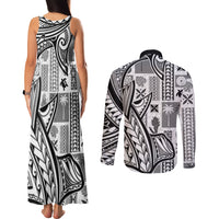 Samoa Tapa Couples Matching Tank Maxi Dress and Long Sleeve Button Shirt Siapo Mix Tatau Patterns - White LT7 - Wonder Print Shop