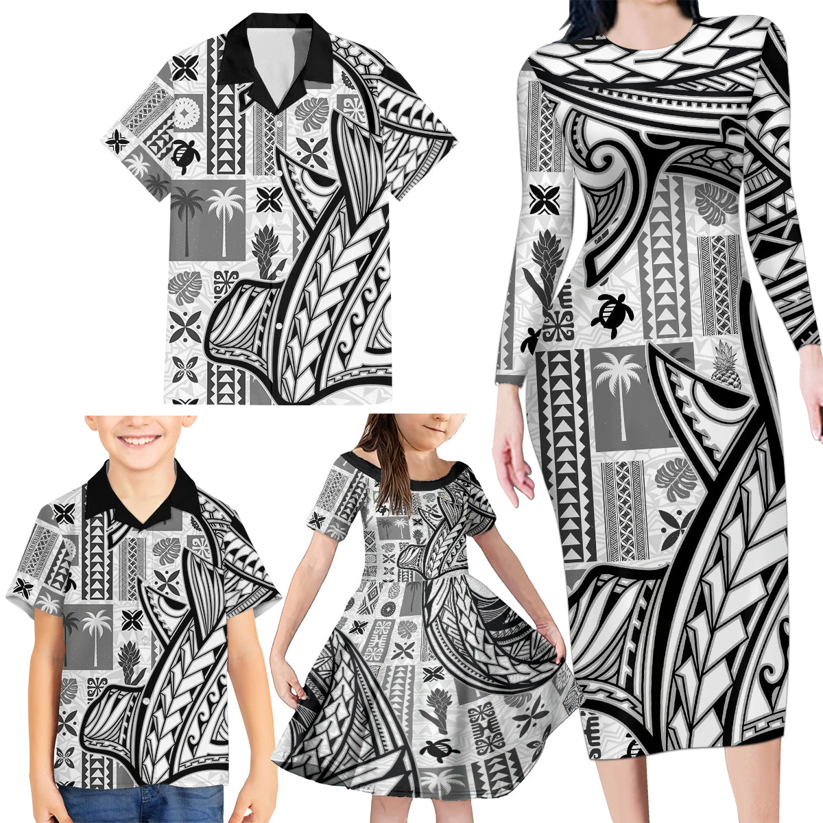 Samoa Tapa Family Matching Long Sleeve Bodycon Dress and Hawaiian Shirt Siapo Mix Tatau Patterns - White LT7 - Wonder Print Shop