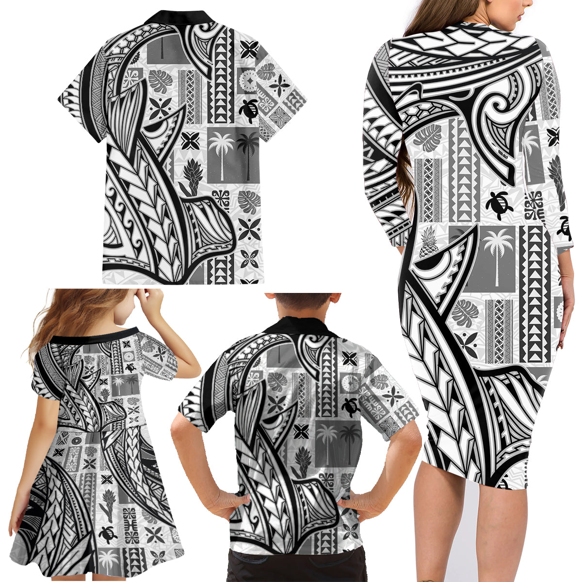 Samoa Tapa Family Matching Long Sleeve Bodycon Dress and Hawaiian Shirt Siapo Mix Tatau Patterns - White LT7 - Wonder Print Shop