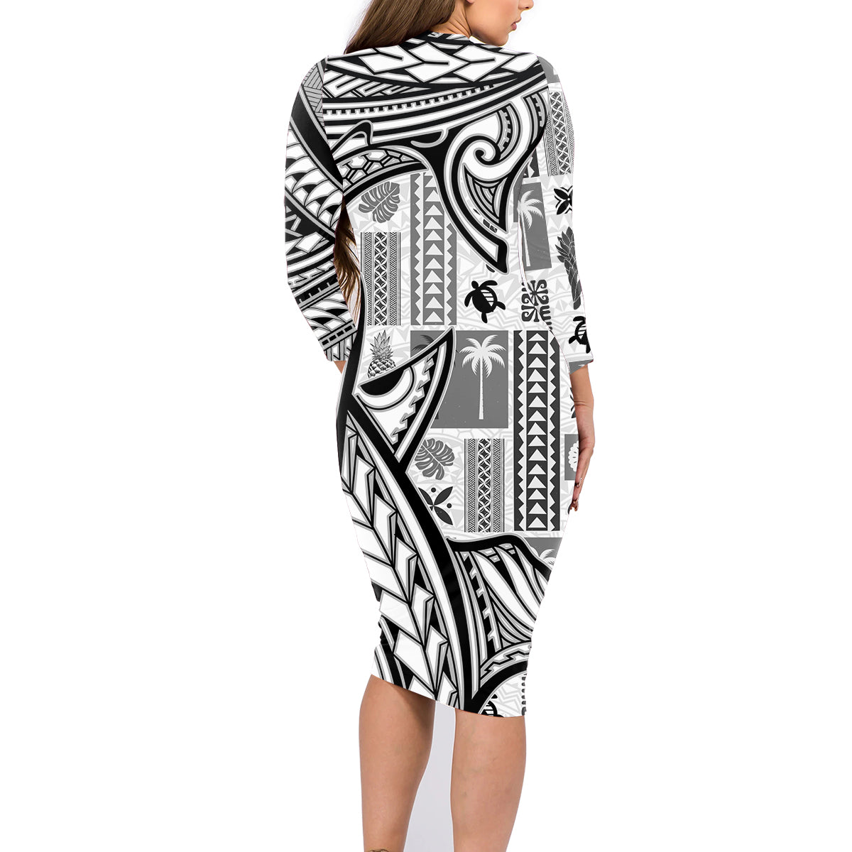 Samoa Tapa Family Matching Long Sleeve Bodycon Dress and Hawaiian Shirt Siapo Mix Tatau Patterns - White LT7 - Wonder Print Shop