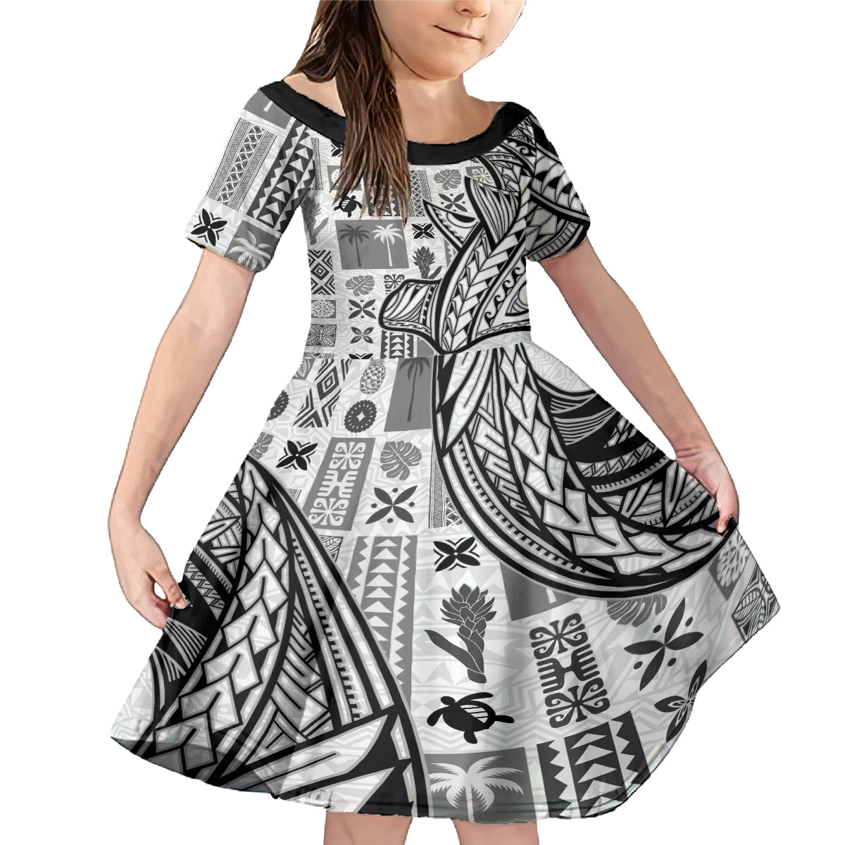 Samoa Tapa Family Matching Mermaid Dress and Hawaiian Shirt Siapo Mix Tatau Patterns - White LT7 - Wonder Print Shop