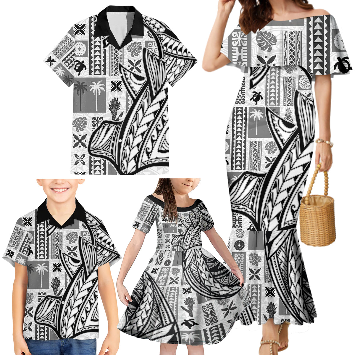 Samoa Tapa Family Matching Mermaid Dress and Hawaiian Shirt Siapo Mix Tatau Patterns - White LT7 - Wonder Print Shop