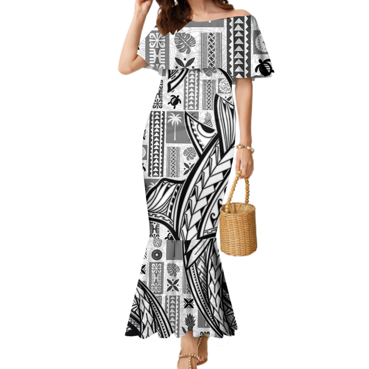Samoa Tapa Family Matching Mermaid Dress and Hawaiian Shirt Siapo Mix Tatau Patterns - White LT7 - Wonder Print Shop