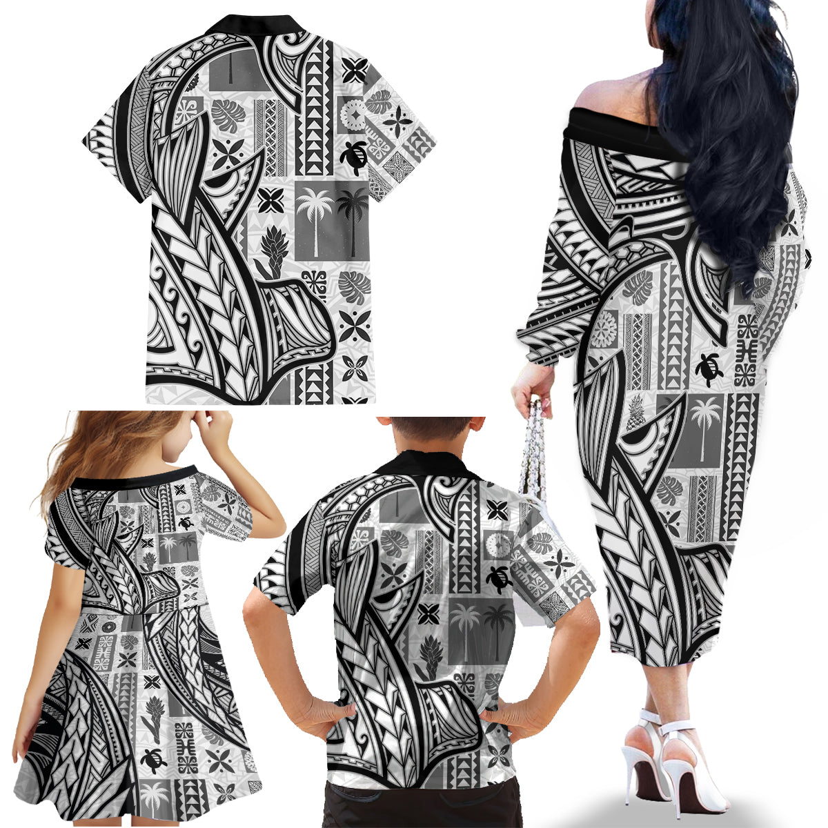Samoa Tapa Family Matching Off Shoulder Long Sleeve Dress and Hawaiian Shirt Siapo Mix Tatau Patterns - White - Wonder Print Shop