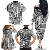 Samoa Tapa Family Matching Off Shoulder Long Sleeve Dress and Hawaiian Shirt Siapo Mix Tatau Patterns - White - Wonder Print Shop