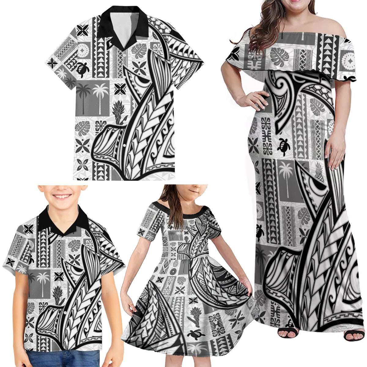Samoa Tapa Family Matching Off Shoulder Maxi Dress and Hawaiian Shirt Siapo Mix Tatau Patterns - White LT7 - Wonder Print Shop