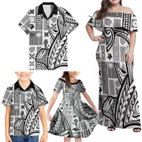 Samoa Tapa Family Matching Off Shoulder Maxi Dress and Hawaiian Shirt Siapo Mix Tatau Patterns - White LT7 - Wonder Print Shop