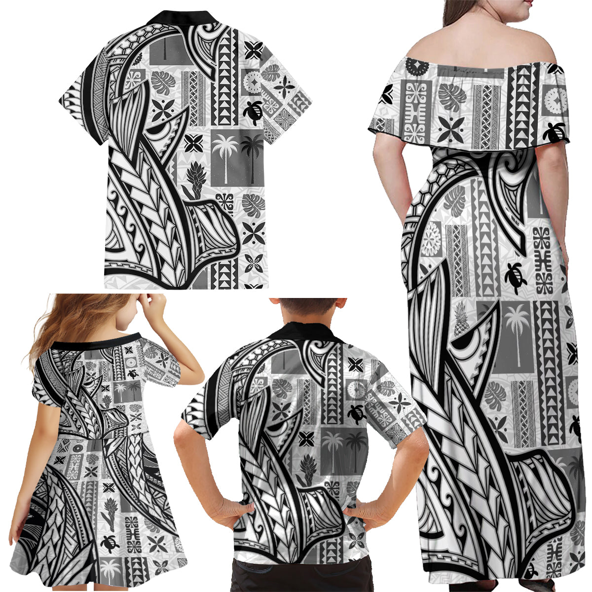 Samoa Tapa Family Matching Off Shoulder Maxi Dress and Hawaiian Shirt Siapo Mix Tatau Patterns - White LT7 - Wonder Print Shop