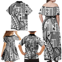 Samoa Tapa Family Matching Off Shoulder Maxi Dress and Hawaiian Shirt Siapo Mix Tatau Patterns - White LT7 - Wonder Print Shop