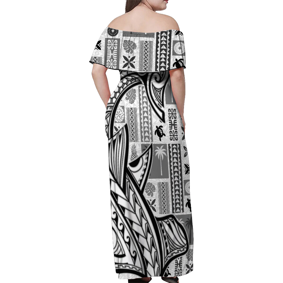 Samoa Tapa Family Matching Off Shoulder Maxi Dress and Hawaiian Shirt Siapo Mix Tatau Patterns - White LT7 - Wonder Print Shop