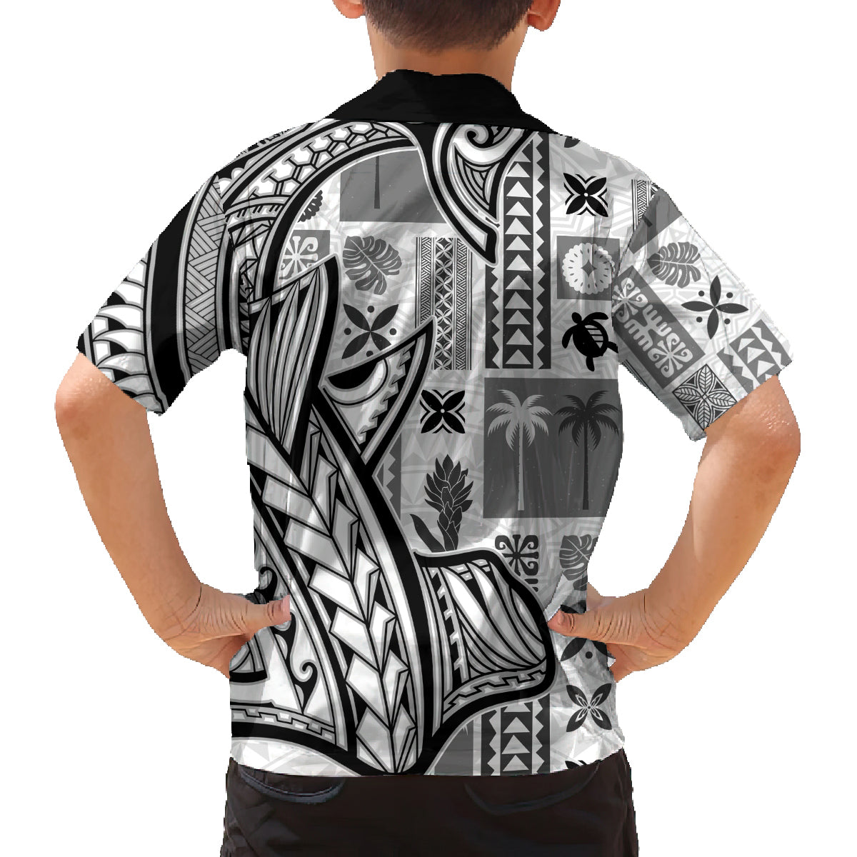 Samoa Tapa Family Matching Off Shoulder Short Dress and Hawaiian Shirt Siapo Mix Tatau Patterns - White LT7 - Wonder Print Shop