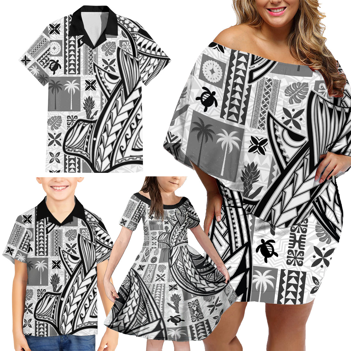 Samoa Tapa Family Matching Off Shoulder Short Dress and Hawaiian Shirt Siapo Mix Tatau Patterns - White LT7 - Wonder Print Shop