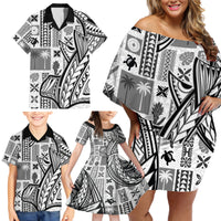 Samoa Tapa Family Matching Off Shoulder Short Dress and Hawaiian Shirt Siapo Mix Tatau Patterns - White LT7 - Wonder Print Shop