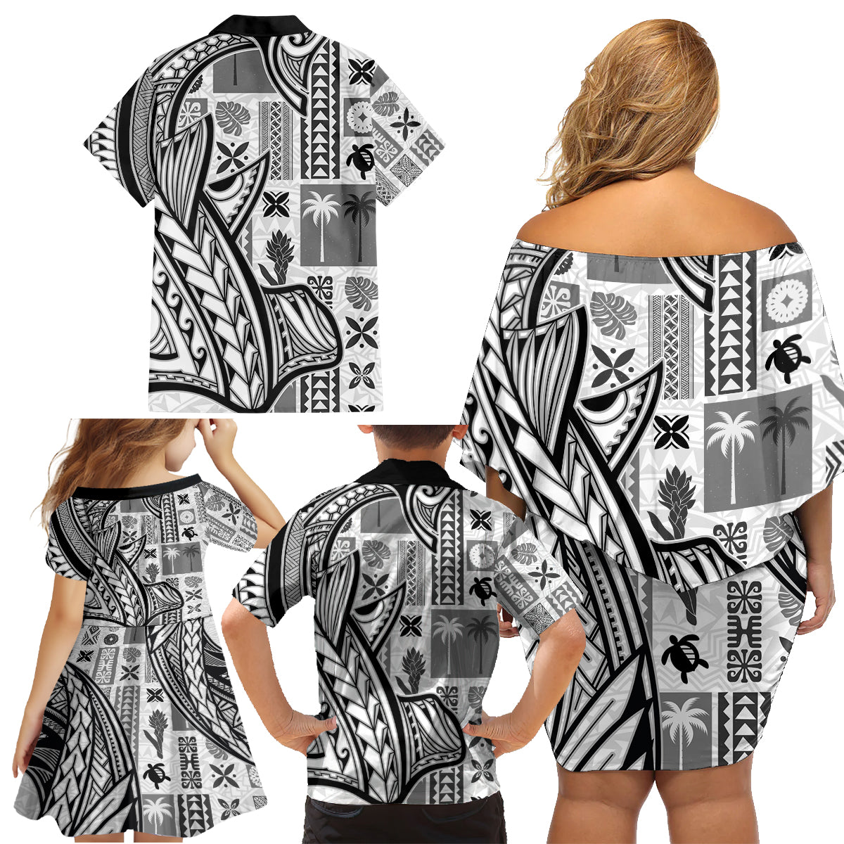 Samoa Tapa Family Matching Off Shoulder Short Dress and Hawaiian Shirt Siapo Mix Tatau Patterns - White LT7 - Wonder Print Shop