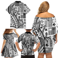 Samoa Tapa Family Matching Off Shoulder Short Dress and Hawaiian Shirt Siapo Mix Tatau Patterns - White LT7 - Wonder Print Shop