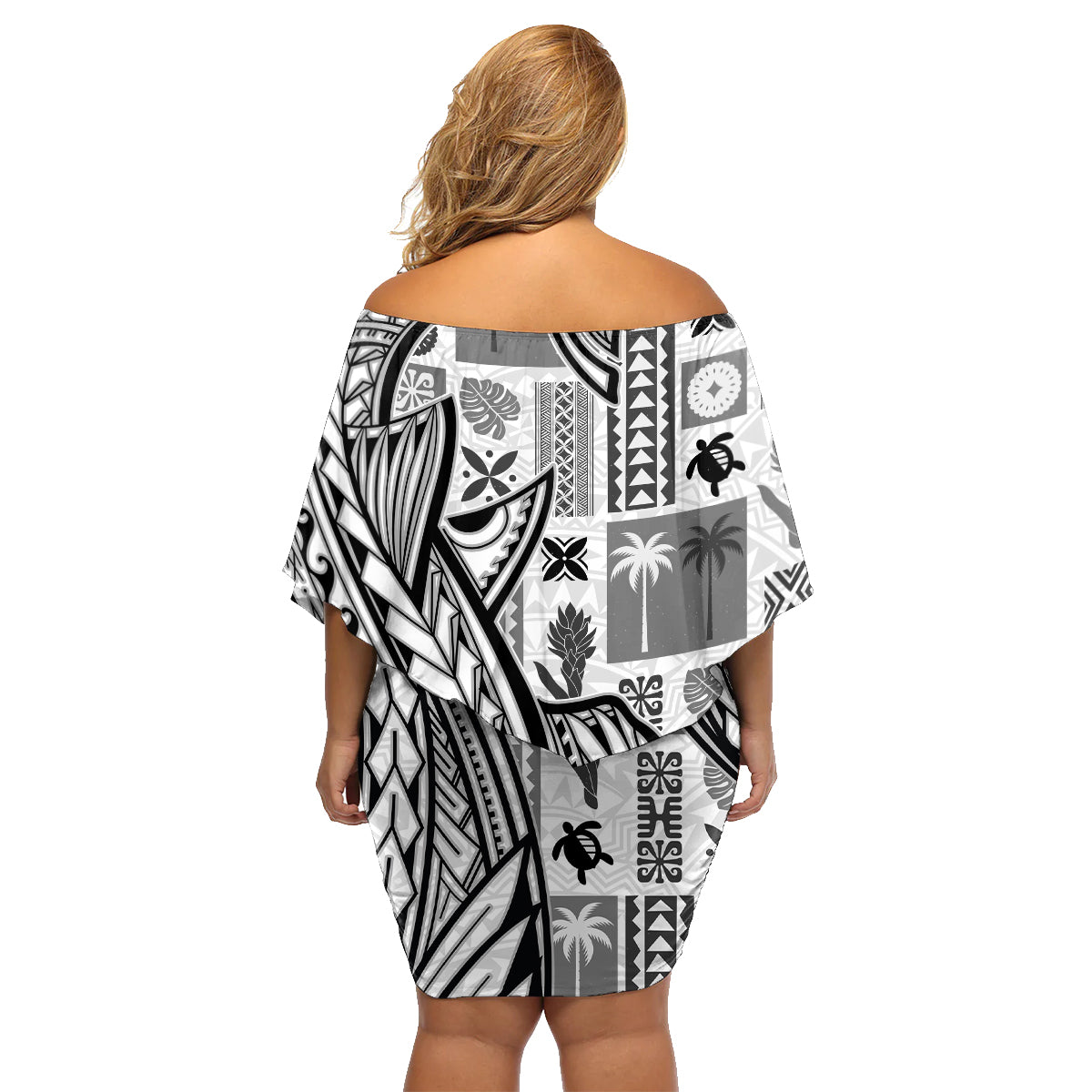 Samoa Tapa Family Matching Off Shoulder Short Dress and Hawaiian Shirt Siapo Mix Tatau Patterns - White LT7 - Wonder Print Shop