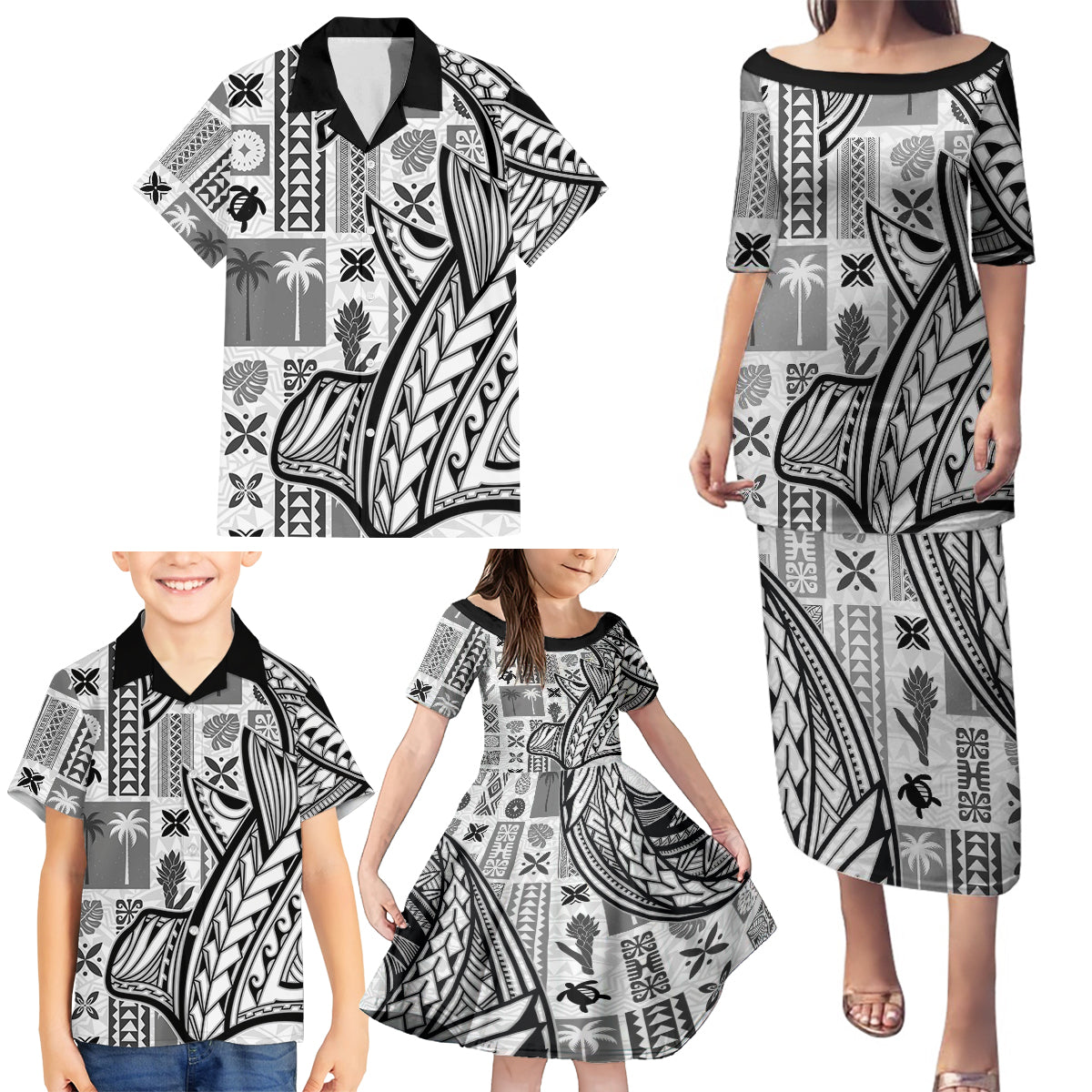 Samoa Tapa Family Matching Puletasi Dress and Hawaiian Shirt Siapo Mix Tatau Patterns - White - Wonder Print Shop