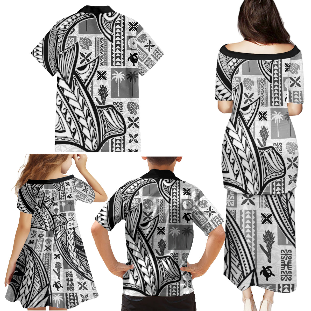 Samoa Tapa Family Matching Puletasi Dress and Hawaiian Shirt Siapo Mix Tatau Patterns - White - Wonder Print Shop