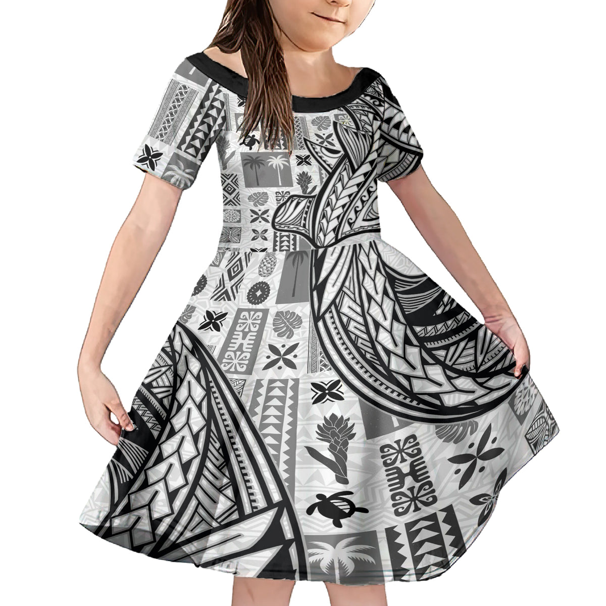 Samoa Tapa Family Matching Short Sleeve Bodycon Dress and Hawaiian Shirt Siapo Mix Tatau Patterns - White - Wonder Print Shop