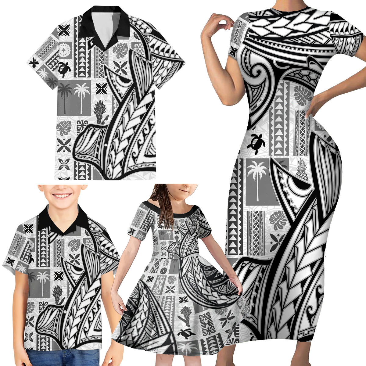 Samoa Tapa Family Matching Short Sleeve Bodycon Dress and Hawaiian Shirt Siapo Mix Tatau Patterns - White - Wonder Print Shop