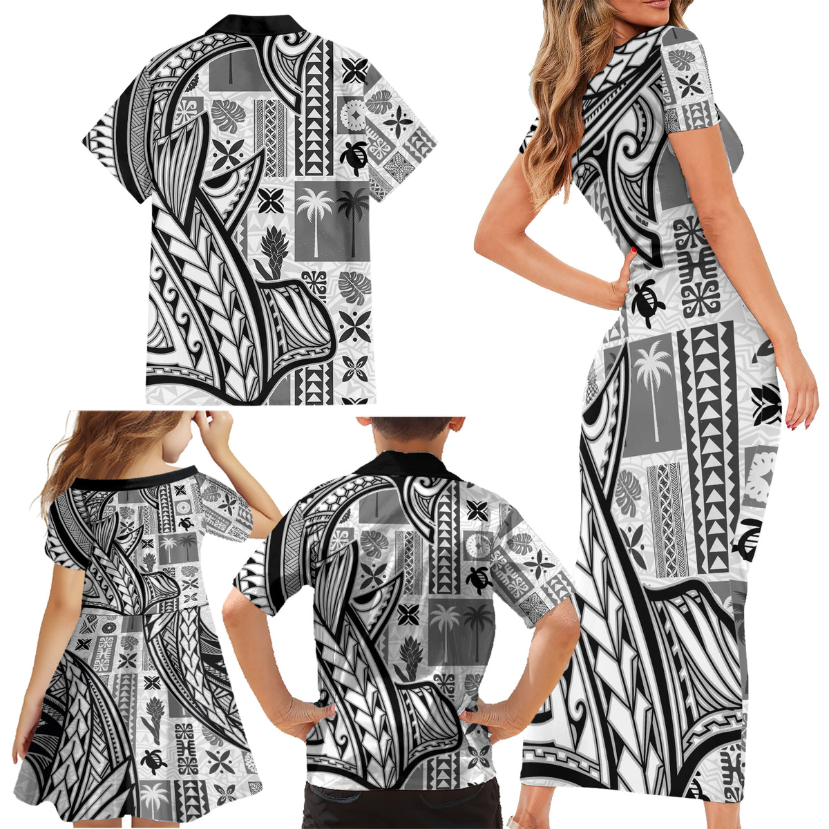 Samoa Tapa Family Matching Short Sleeve Bodycon Dress and Hawaiian Shirt Siapo Mix Tatau Patterns - White - Wonder Print Shop