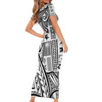 Samoa Tapa Family Matching Short Sleeve Bodycon Dress and Hawaiian Shirt Siapo Mix Tatau Patterns - White - Wonder Print Shop